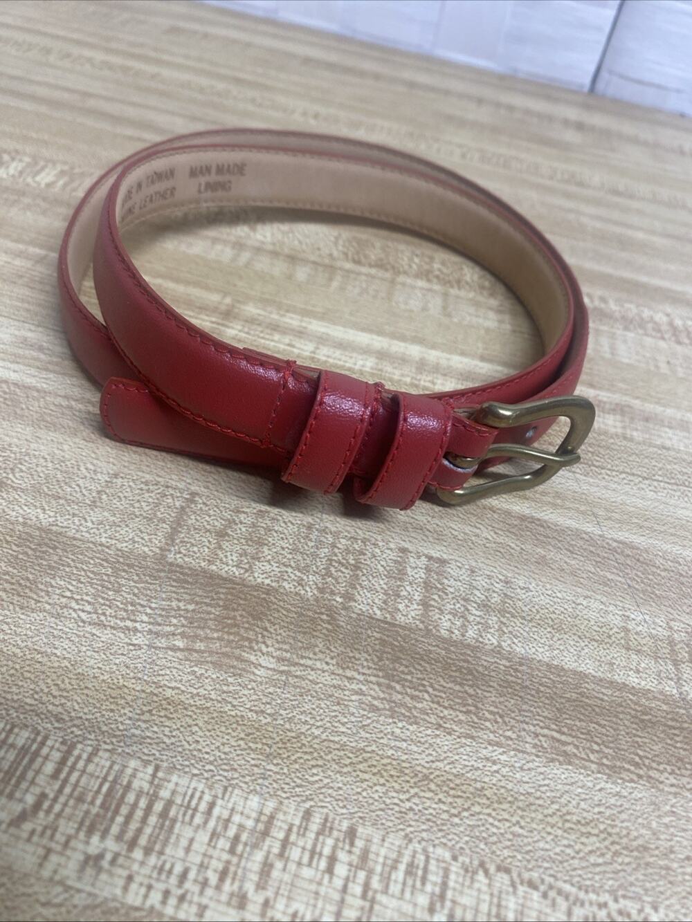 80s 90s Women's Genuine Leather Belt Brass Buckle Red USA 3/4” Wide Sz Large